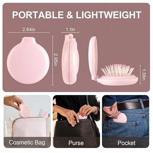 Jurrissa Folding Hair Brush with Mirror for Women Men and Kids，Portable Compact Hair Brush for Purse Pocket Bags, Travel Size Foldable brush with Case, Easy to Carry(Pink) thumbnail 2