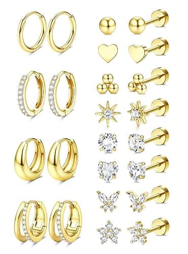 Jstyle Hypoallergenic 14K Gold Plated Stud Hoop Earrings for Women Men Surgical Stainless Steel Flat Back Earrings Small Huggie Hoops Cartilage Earring Set for Multiple Piercing Jewelry Gift for Women - Image 1