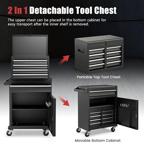 Goplus Tool Chest, 5 Drawers Rolling Tool Cabinet with Detachable Top Toolbox, Universal Lockable Wheels, Lock Bar, Protective Liner & Tool Rack, Metal Tool Storage Cart, Tool Box for Garage Workshop thumbnail 4