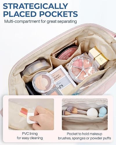 BAGSMART Makeup Bag Travel Toiletry Bag, Puffy Padded Make Up Bags for Women Makeup Organizer Case, Wide-open Pouch Purse Travel Essentials Toiletries Accessories Brushes, Pink thumbnail 6