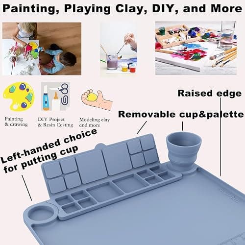 Silicone Painting Mat with Cup and Palette Removable, 17"X13" Thick Silicone Art Mat for Craft with Raised Edge for Resin DIY Making, Gray thumbnail 3