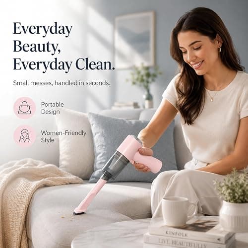 Auloea Mini Cordless Handheld Vacuum for Car, Keyboard, Laptop, Home, Pink | Quick Cleanups, Tight Spaces, USB-C Rechargeable, Easy Storage, Office, Cup Holders, Seat Gaps, Window Tracks thumbnail 2