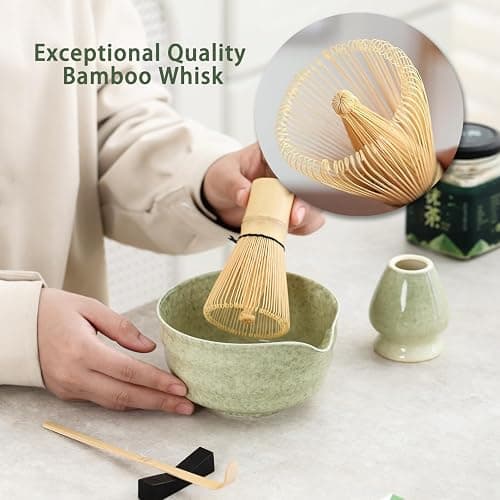 Ochcahser Matcha Set, Japanese Tea Set Includes Matcha Bowl with Spout, Matcha Whisk Holder, Bamboo Matcha Whisk and Bamboo Scoop, 17 oz Mottled Green Glaze Ceramic Matcha Kit for Tea Lovers thumbnail 4