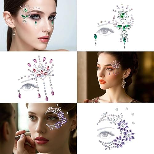 6 Ensembles Strass Autocollant Visage, Gemmes de visage, Tatouages Temporaires Gemmes en Strass pour fête de musique, festival, vacances, Halloween, Noël thumbnail 3