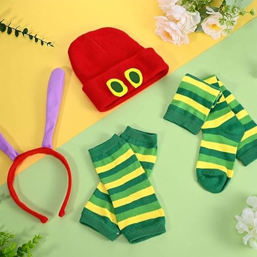 GANSHAYA 4 Pcs Halloween Caterpillar Costume Accessory Book Character Cosplay Red Knitted Beanie Hat Headband Socks Gloves for Halloween Cosplay Party thumbnail 2