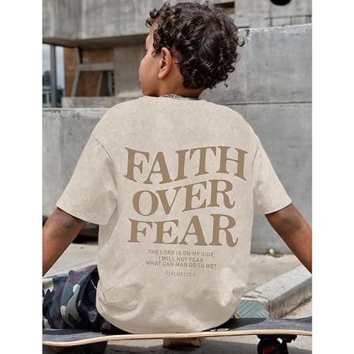 KEEVICI Boys Faith Over Fear Shirt Christian Jesus T Shirts for Kids Bible Verse Religious Graphic Tees Acid Wash Tshirt thumbnail 3