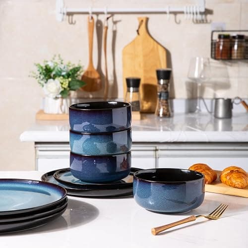 LeRatio Ceramic Dinnerware Sets for 6,Porcelain Plates and Bowls Sets,Handmade Reactive Glaze Dishes Set,Chip Resistant and Scratch Resistant | Oven&Dishwasher & Microwave Safe-Blue(18PCS) thumbnail 5