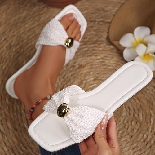 Merking Women's Flats Sandals Raffia Woven Knot Slide Sandal Square Open Toe Summer Casual Shoes for Daily Vacation Beach thumbnail 2