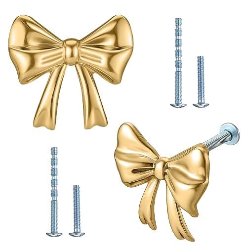 Hotop 15 Pack Bow Dresser Knobs Gold Cabinet Drawer Knobs with 2 Kinds Screws for Hardware Dresser Kitchen Drawer Aluminum Alloy Oxidation Wire Drawing Handle, 1.57" x 1.18" (Brushed Gold) - Image 1