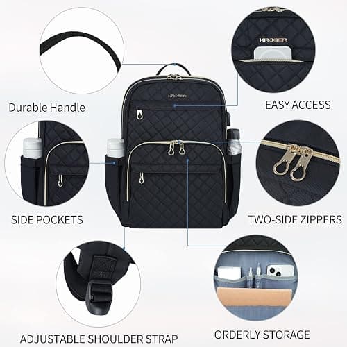 KROSER Laptop Backpack 15.6 Inch Stylish Daypack with USB Charging Port, Water-repellent Nylon School Backpack Backpack for Travel/Business/Women/Girls-Black thumbnail 3