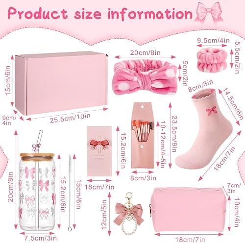 saerryor Birthday Gifts for Girls, Bow Glass Cup with Lid and Straw Card Keychain Pendant Makeup Brushes Cosmetic Bag Socks Headband, Pink thumbnail 3