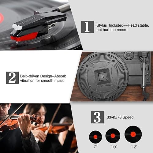 Udreamer Vinyl Player Record Player with Built-in Speakers, Bluetooth Turntable Belt-Driven, Vintage Phonograph with 3 Speeds for Musical Enjoyment and Home Decoration (coffee) - Coffee thumbnail 4