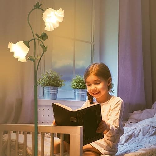HMVPL Flower Floor Lamp for Living Room, Vintage Floor Lamp with 2 LED 5W Blubs, Foot Switch, Green Standing Lamp with Acrylic Shade, Unique Floral Tall Lamp for Living Room Bedroom Corner Office thumbnail 3