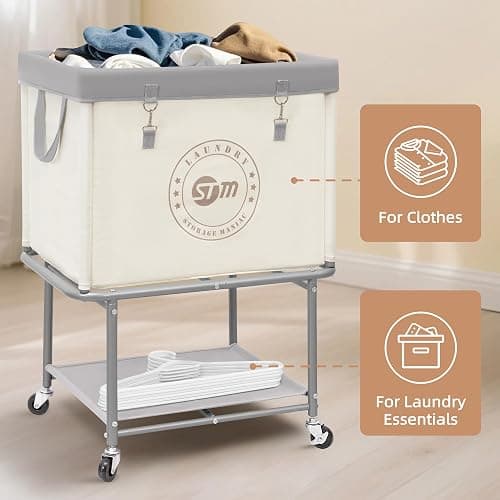 STORAGE MANIAC Rolling Laundry Cart with Storage Shelf, Heavy Duty Industrial Laundry Basket with Wheels, Commercial Metal Frame Clothes Hamper with Canvas Bag for Dorm, Closet, Bedroom, Beige thumbnail 7