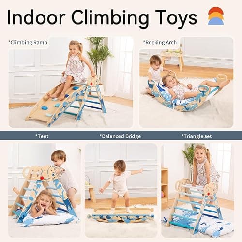 wingyz 8-in-1 Pikler Triangle Set-Foldable Baby Climbing Toys with Cushion,Arch, Ramp & Ladder | Montessori Toddler Climber Indoor Jungle Gym for Kids (Blue) thumbnail 5