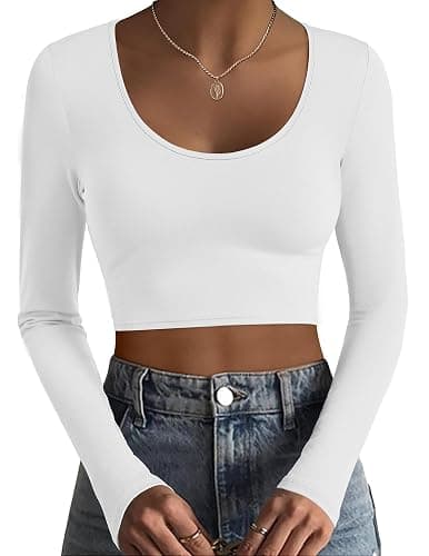 Ekouaer Long Sleeve Crop Tops for Women Scroop Neck Lightweight Basic Base Layer Thermal Undershirts Shirts - Image 1