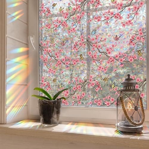 Runtoo Window Privacy Film Rainbow Cherry Blossom Flower Window Clings 3D Decorative Vinyl Stained Glass Butterfly Floral Decals Static Sticker Non-Adhesive, 15.75 x 79 inches thumbnail 5