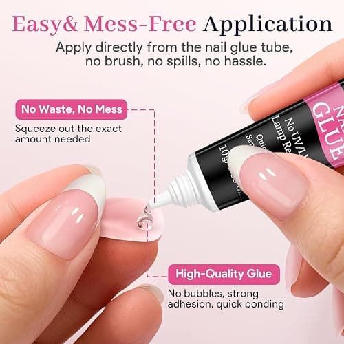 QIEK No-Lamp Nail Glue & Remover Set for Press Ons, 10ml Quick Dry 28 Days Super Strong Hold Glue on Nails, 10g Gentle Easy Removal with Tools Set for Beginner DIY Home, Not for Gel Polish Base Coat thumbnail 4