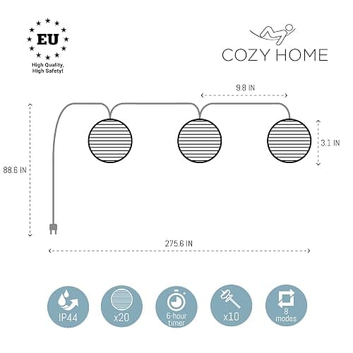 Cobus CozyHome Lantern String Lights Outdoor - 20 Lantern LEDs & 23 ft with 8 Modes | Warm White Outdoor Lampion String Lights Electric Lighting 23 ft thumbnail 2