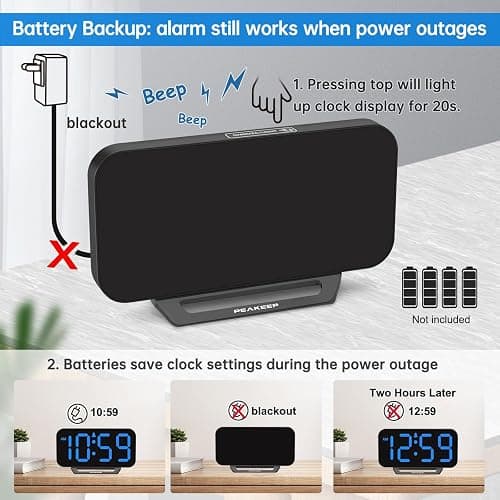 Peakeep Small Digital Alarm Clock for Bedrooms, Loud for Heavy Sleepers Adults, Dimmable Plug in Electric Large Numbers Clock Battery Backup, Slim Clock for Table Office Modern Living Room (BB) thumbnail 5