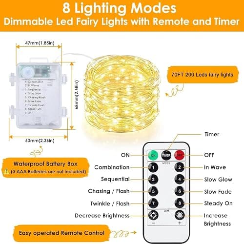 Upgraded 70Ft 200 LED Fairy Lights Battery Operated with Remote & Timer, Waterproof Christmas String Lights Outdoor Indoor, Battery Twinkle Lights for Bedroom, Classroom, Xmas, Parties, Wedding, Decor thumbnail 9