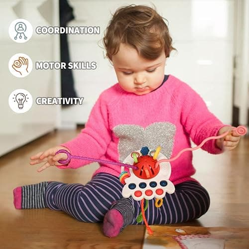 Tiyol Montessori Toys, Silicone Pull String Activitys, Developmental Pulling Baby Sensory Toy, Car Seat Airplane Travel Toddler Boy &Girl Infant Birthday Gifts thumbnail 5