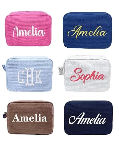 Personalized Embroidered Waffle Cosmetic Bags, Custom Thicken Beauty Makeup Packet Bag for Women Girls, Travel Makeup Pouch, Aesthetic Toiletry Case, Bridal Bridesmaid Party, Birthday, Wedding Gifts - Image 1