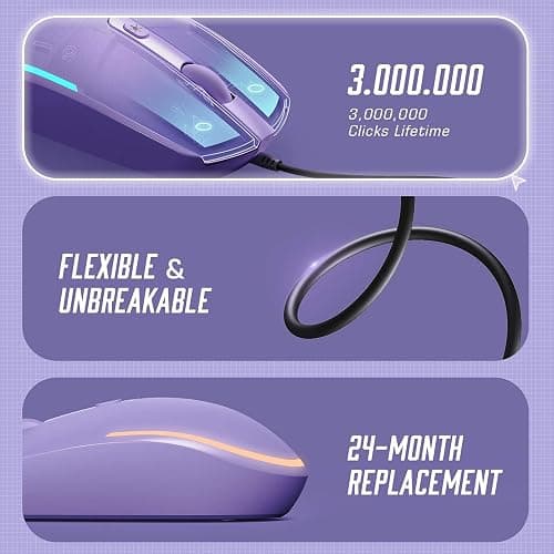 seenda Wired Mouse - USB Computer Mice Wired with RGB Backlit Optical LED Mouse with Attached USB Cord for Laptops Notebooks Chromebook - Purple thumbnail 4