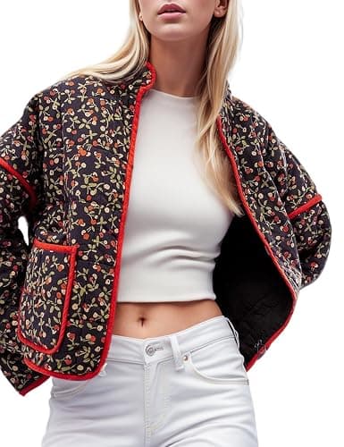 YKR Women's Cropped Puffer Jacket Floral Print Quilted Puffer Jackets Open Front Lightweight Short Jacket Trendy - Image 1