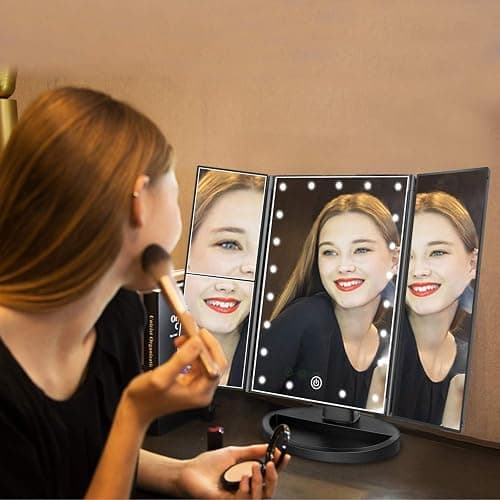 Flymiro Tri-fold Lighted Vanity Makeup Mirror with 3x/2x Magnification,Light up Mirror for Makeup,Touch Screen 21 LEDs,180° Rotation Countertop Cosmetic Mirror,Gifts for Women Mom Teen Girls thumbnail 2
