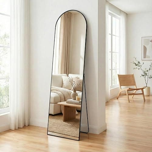 ZIHUASHENG 64"x21" Inch Full Length Mirror with Stand, Arched Aluminum Frame Wall Mirror & Freestanding Hanging Mounted Mirrors, Tempered Glass Full Body Mirrors for Bedroom, Living Room Decor,Black - Image 1