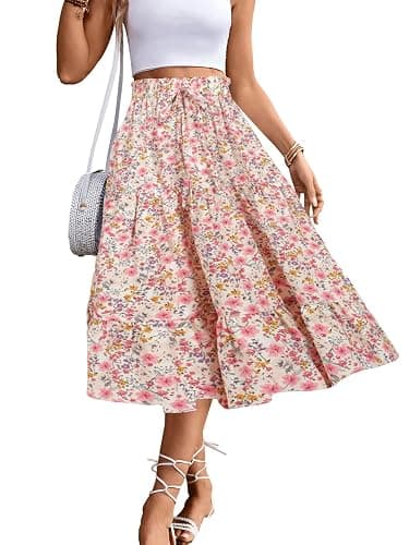 MSLG Women's High Elastic Waist Midi Skirt Casual Summer Trendy Tie Front Flowy Ruffle Floral Print A line Skirts 626 thumbnail 2