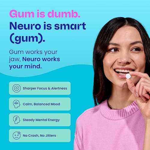Neuro Energy & Focus Gum - Caffeine Gum with 40mg Natural Caffeine & L-Theanine - Nootropic Energy Supplement with B Vitamins - Sugar Free, Vegan - Peppermint, 54ct thumbnail 3