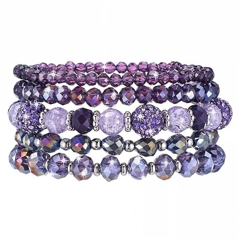 Wanmu 5Pcs Beaded Bracelets for Women, Bohemian Glass Faceted Crystal Beads Bracelet, Stackable Boho Disco Ball Stretch Bracelets, Multilayered Purple Jewelry Gift for Women, Mother's Day - Image 1