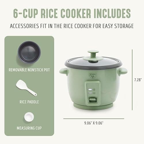 GreenLife Electric Rice Cooker, 3-Cups Uncooked/6-Cups Cooked, Removable PFAS-Free Nonstick Pot, One-Switch Design, Auto Keep Warm, Small Space Saving, Rice Paddle, Soup, Grains, Oatmeal, 1.5 QT, Green thumbnail 2