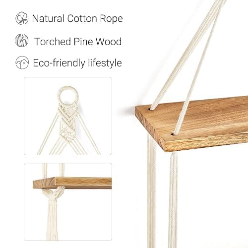Mkono Macrame Hanging Shelf Boho Wall Decor 2 Tier Handmade Cotton Rope Rustic Wood Floating Shelves Display Photos Plants Hanging Storage Shelving for Living Room Nursery Bathroom Bedroom thumbnail 4