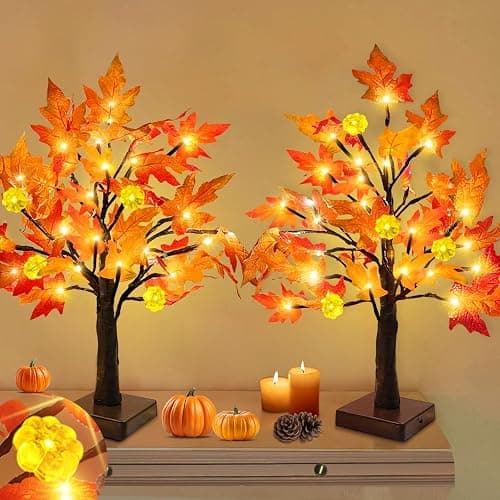 TURNMEON Fall Decor 2 Pack 18 Inch Prelit Fall Maple Tree 48 LEDs Timer | Halloween Fall Decorations for Home Battery Operated Pumpkin Lights Lighted Thanksgiving Decor Table Mantle Indoor Outdoor thumbnail 9