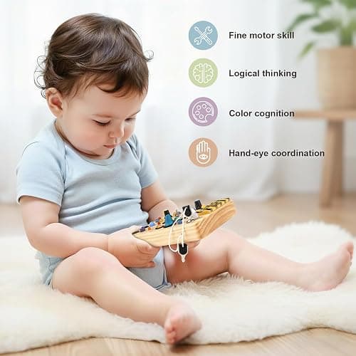 Joyreal Montessori Busy Board Wooden Sensory Toys for Toddler with LED Light Up Switch, Baby Fidget Board Travel Toys for 18+ Months, Boys Girls Birthday, Medium thumbnail 5