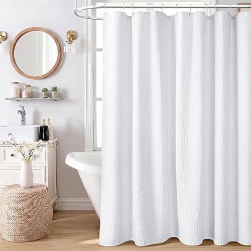 Dynamene Waffle Shower Curtain 256 GSM Heavy Duty Fabric 72"x72" White | Thick Textured Cloth, Weighted Hem, Water Repellent Washable, Hotel Luxury Polyester Shower Curtain Set for Bathroom 12 Hooks thumbnail 2