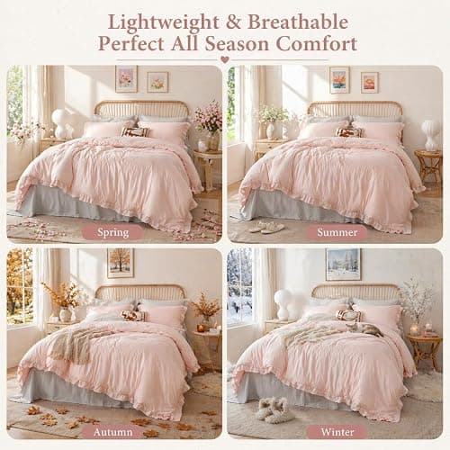 JANZAA WHITE Comforter Set Queen – Soft Microfiber, Lightweight All Season Bedding, Ruffle Shabby Chic Aesthetic, Breathable Cozy Bed Set with 2 Pillow Shams, Machine Washable thumbnail 4