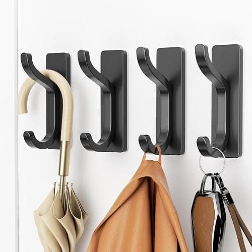 BATHROOM | Amazon | Adhesive Wall Hooks for Towels Coats - Stick On Hooks Hanging Heavy Duty (13lb), Metal Hook for Door, Bathroom, Dorm, Closet - Hanger for Purse, Bag, Robe,Backpack - No Damage to Wall - Black 4 Pack - Black - 4 Pack - Image 1