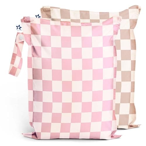 Tiny Twinkle Mess-proof Wet Bags 2 Pack Waterproof and Washable Bag for Travel storage, Stroller, Daycare, Baby Diapers, Yoga, Beach, Pool, Wet Toddler Swimsuits (Pink, Brown Checkers) - Pink, Brown Checkers - Image 1
