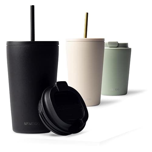 MAMEIDO Travel Mug 470ml & 700ml - Leakproof Tumbler with Straw & Lid, Stainless Steel Travel Mugs for Cold & Hot Drinks BPA-Free (Rich Black, 0,47l) - Image 1