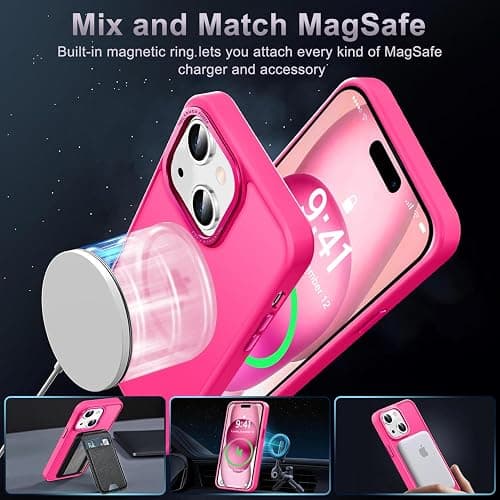 Newfuture Designed for iPhone 15 Case with Strong Magnetic [13 FT Military Drop Protection] [Compatible with Magsafe] Slim Translucent Matte Shockproof with Anti-Fingerprint Phone Case, Hot Pink thumbnail 2