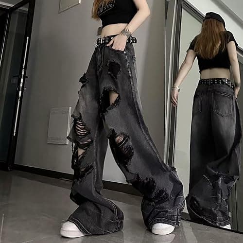 Y2K Ripped Grunge Baggy Jeans Pants Emo Women Goth Straight Leg Pants High Waist Alt 2000s Trousers Clothes thumbnail 5