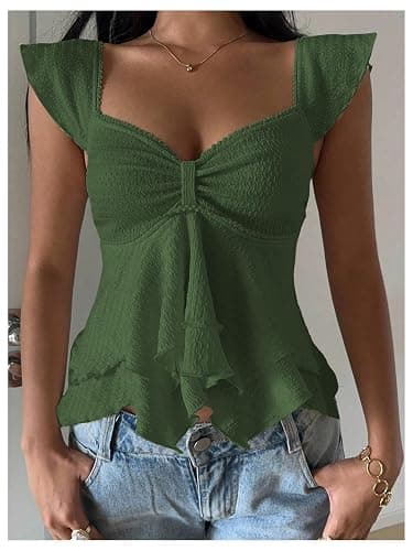 RoseSeek Women's Flowy Going Out Tank Top Sweetheart Neck Cap Sleeve Summer Ruffle Elegant Crop Tops thumbnail 3