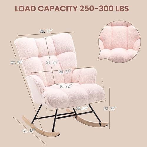 Rocking Chair Nursery Teddy, Upholstered Baby Fluffy Glider Rocker for Adults Indoor, Comfy Sherpa Compact Nursing Chairs for Small Spaces, Living Room, Classroom, Bedroom, Pink thumbnail 3
