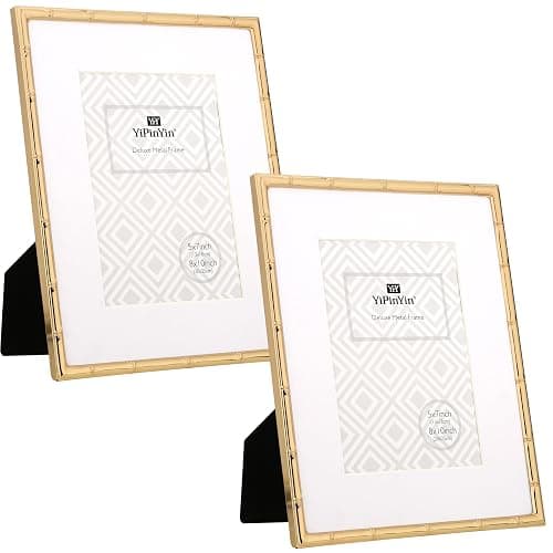 YiPinYin 8x10'' Bamboo Detail Gold Metal Picture Frame with Acid Free Mat for 5x7'' Set of 2,Narrow Gold Plated Photo Frames 5 x7'' With Soft Touch Velvet Backing for Desktop and Wall Décor thumbnail 7