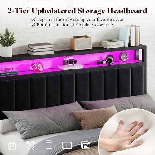 AMERLIFE Queen Bed Frame with LED Light and 2 Storage Drawers, Metal Platform Bed with Storage Headboard, Velvet Upholstered, Heavy-Duty Slats, No Box Spring Needed, Easy Assembly, Black thumbnail 4