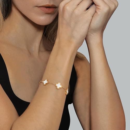 MEFELAY Unique 18K Gold Four Leaf Clover Bracelet for Women White Gold Lucky Link Clover Bracelets, Trendy Bracelets Set Jewelry Gifts for Women thumbnail 2